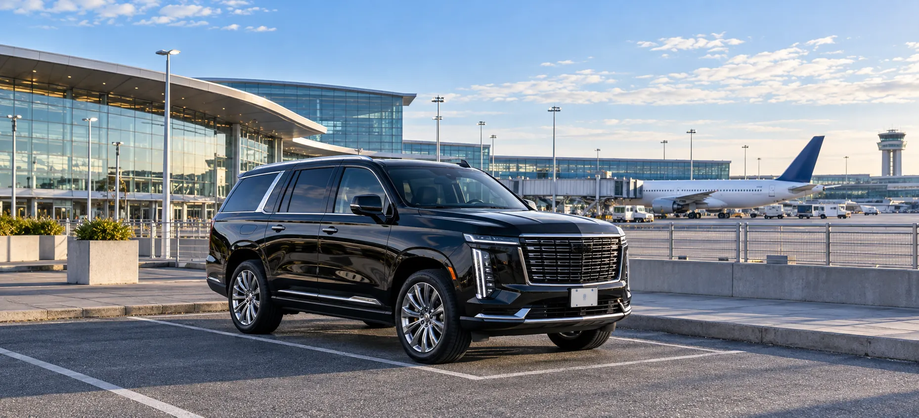 Illustration of a black airport-transfer SUV beside a terminal, with a passenger aircraft beyond the perimeter